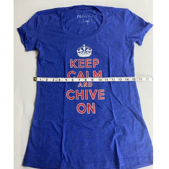 Keep Calm Chive On Women's Blue Graphic T-Shirt Tee Size Small - Picture 4 of 4